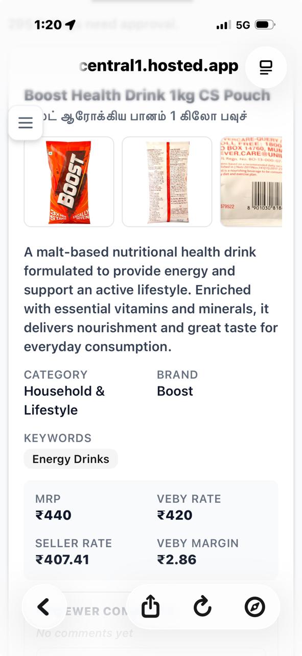 VeBy product data showing Boost 1kg real MRP ₹440 and VeBy rate ₹420