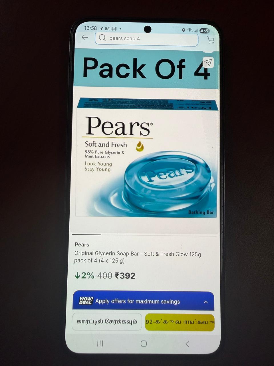 An online grocery app showing Pears pack of 4 at ₹400, 2% off, selling at ₹392